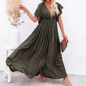 COPY - Women olive green boho maxi wrap beach summerdress